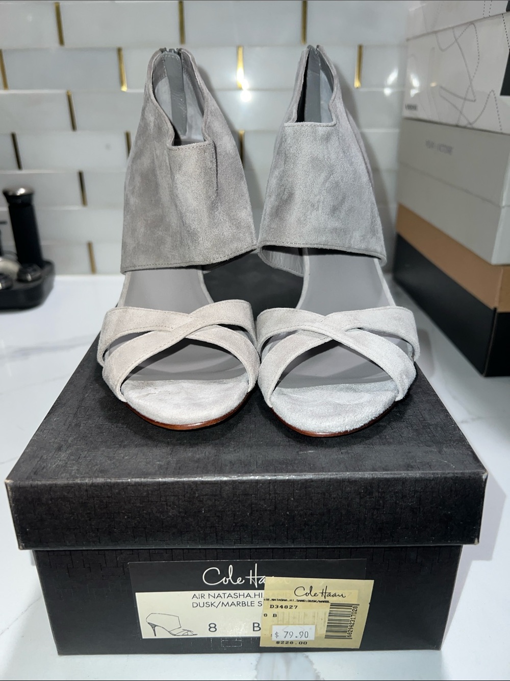 Cole Haan Gray Suede Crisscross Open-Toe Heels
